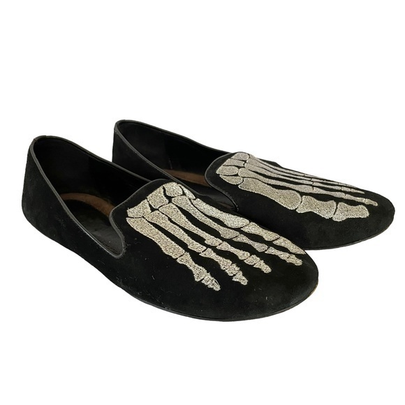 Mara & Mine Jem Skull Slippers Silver Embroidered Skeleton Suede Leather Flats - Picture 1 of 13